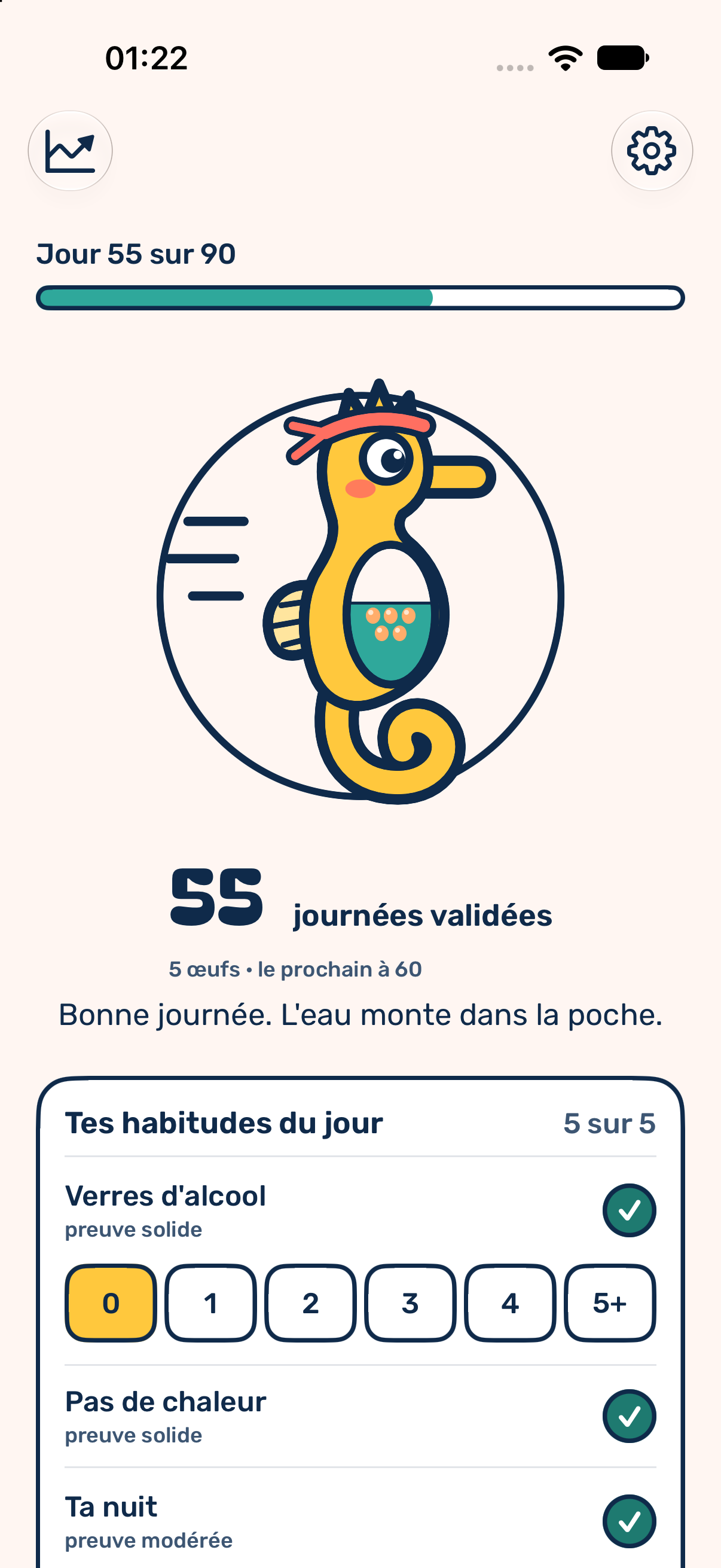 Écran Aujourd'hui au jour 55 sur 90 : l'hippocampe jaune, sa poche à moitié pleine d'eau avec cinq œufs qui y flottent, le compteur « 55 journées validées », la mention « 5 œufs · le prochain à 60 », le message « Bonne journée. L'eau monte dans la poche. » et la carte « Tes habitudes du jour » à 5 sur 5.